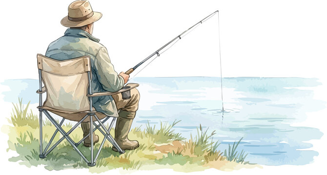Man sitting in folding chair fishing at the water edge illustration. Fisherman with rod and hat relaxing by a lake shore watercolor. Peaceful outdoor hobby of a man fishing by a riverbank