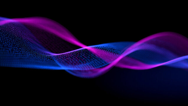 Abstract particle waves elegantly flowing in vibrant blue and magenta hues against a dark background, illustrating data motion.