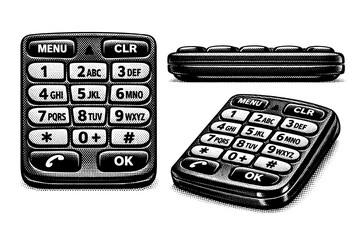 Early mobile phone keypad A detailed keypad of a vintage mobile phone presented as one object in three views including top, side, and angled, focusing on