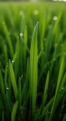 Obraz premium Extreme close-up of vibrant green grass blades in a sunny field, showing fine textures and soft focus bokeh background ,wallpaper ,blade ,outdoor
