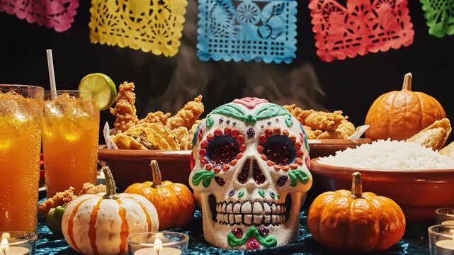 Day of the dead celebration table setting with sugar skull and drinks