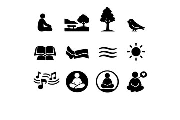 Obraz premium Solitude in nature. Solid icon set of Solitude in nature: single person sitting, wide park space, tall tree, quiet bird, open book on lap, relaxed legs, still