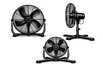 Naklejka premium Industrial fan floor-mounted base. A realistic industrial fan with a sturdy floor-mounted base is depicted as a single object shown in three views emphasizing