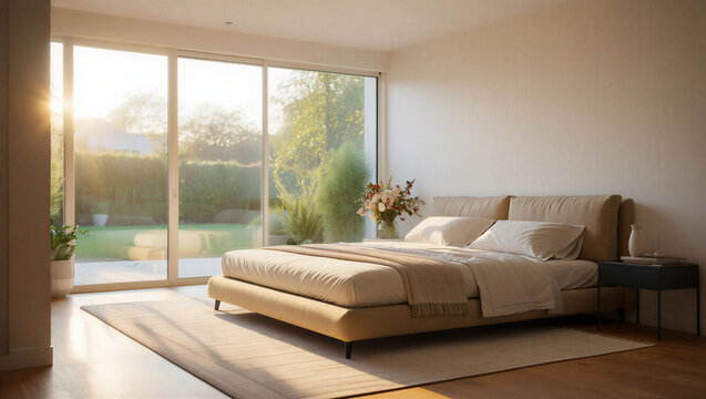 Bright modern bedroom features a comfortable bed bathed in morning sun overlooking a tranquil garden.