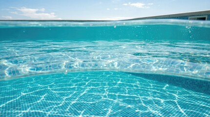 Split shot of clear blue water in a swimming pool on a sunny day. Underwater and above water view for summer vacation background.