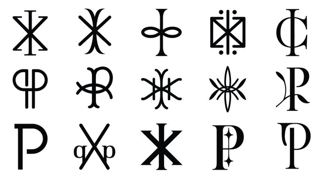 Christian Symbols Icons Set, professional vector pack showing Chi Rho, Christogram, Chrismon, and Labarum symbols in glossy style, ideal for Christian-themed apps, church materials, educational,