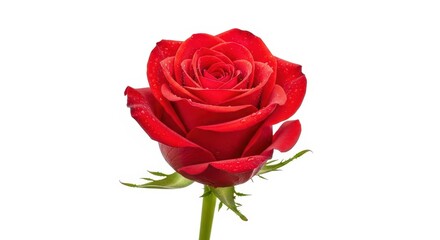 Fototapeta premium A stunning single red rose blossom standing upright, perfectly isolated against a brilliant white background, symbolizing deep love and passion, love, blossom, isolated