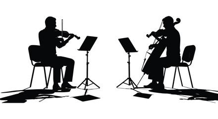 Silhouettes of two musicians playing violins with sheet music on stands against a white background © arfanah02