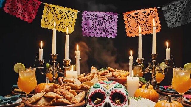 Day of the dead celebration table setting with sugar skull and food