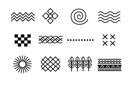 Folk Patterns. Line icon set of Folk Patterns: zigzag pattern, diamond pattern, spiral pattern, wave pattern, checker motif, braided ornament, dotted border,