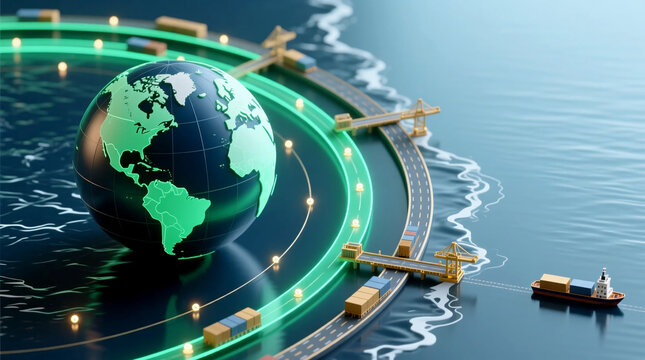 Global Economic Flow dynamic intercontinental trade corridor network linear arcs global routes cargo ship for international commerce and supply chain strategy