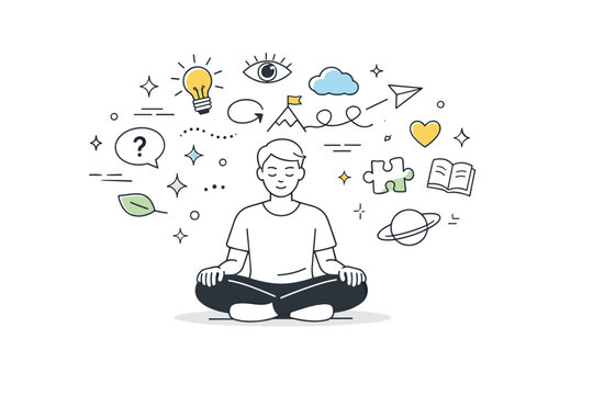 Inner exploration. A person sitting calmly while abstract symbols, ideas, and stars float around their head. Quiet moment of reflection and self-discovery.
