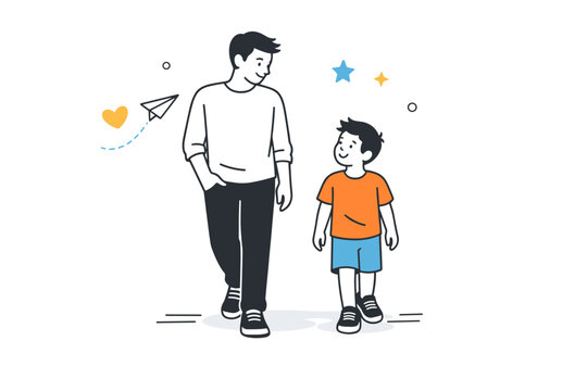 Reconnecting with inner child. An adult and a child version walking side by side, calm movement and relaxed body language. The scene suggests reconnection,