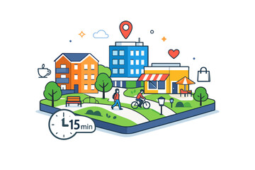 Obraz premium minute city urban planning idea illustrated by a compact city block with mixed-use buildings, trees, and paths, suggesting smart density and reduced need for