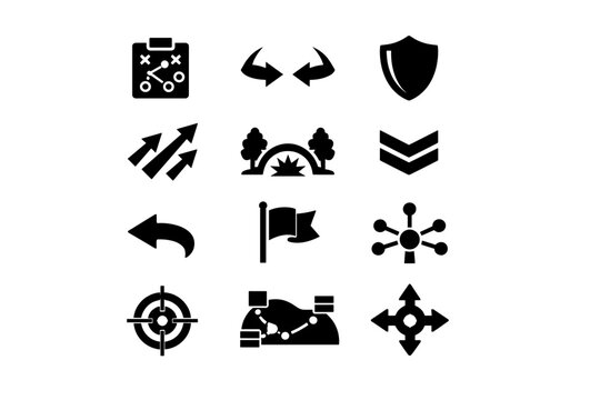 Battlefield Tactics. Solid icon set of Battlefield Tactics: strategy map, flanking arrows, defense shield, attack arrows, ambush symbol, frontline marker,