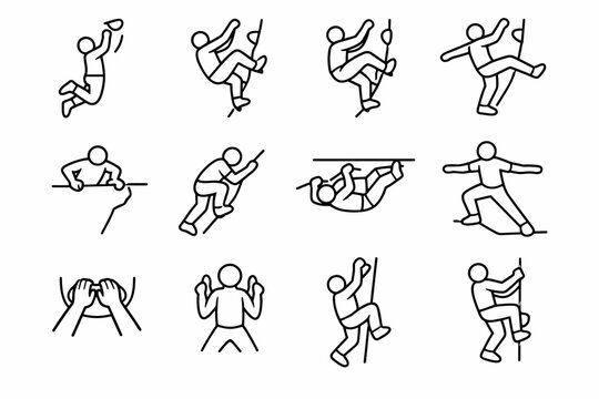 Bouldering Techniques. Line icon set of Bouldering Techniques: dyno jump, heel hook move, toe hook move, flagging technique, mantle move, slab climbing,