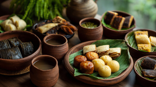 Bohag Bihu traditional Assamese festival food with pitha, sweets and snacks served on wooden table Cultural celebration of Assamese New Year with authentic cuisine and festive dishes