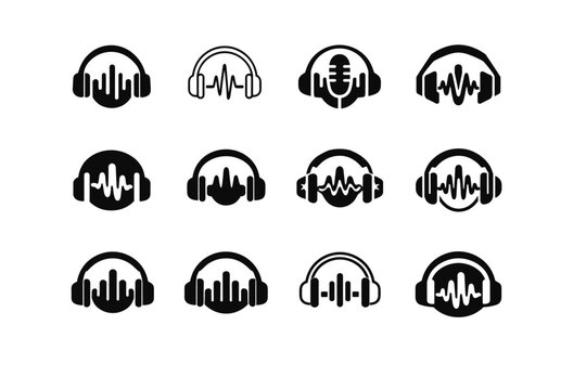 Online singing tutorials and lessons. Icon set. Set Logo of Online singing tutorials and lessons: headphones with sound waves. harmonious logo variations of