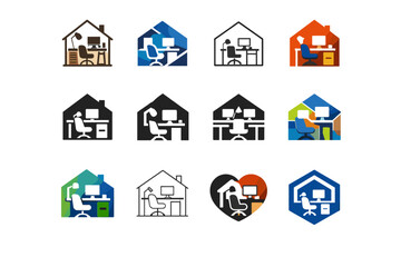 Fototapeta premium Setting up a home office. Icon set. Set Logo of Setting up a home office: home workspace corner. harmonious logo variations of the same emblematic concept,