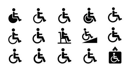 A grid of black accessibility icons depicting various disabled persons on a white background from a straightforward viewpoint