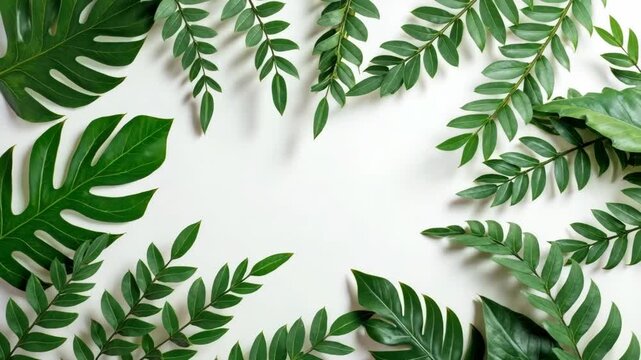 Fresh green tropical leaves frame a clean white background, creating a natural and vibrant border. Perfect for eco-friendly, botanical, or wellness designs and nature-inspired projects.