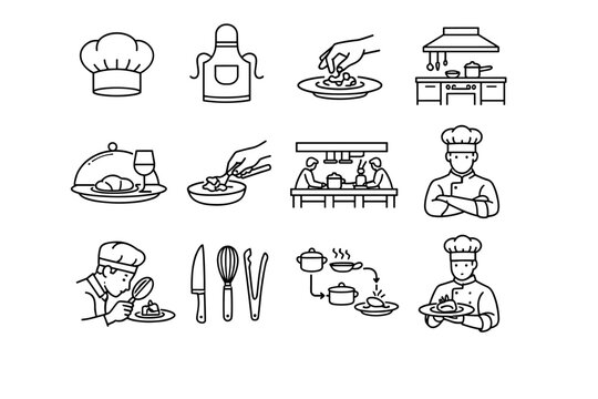 Professional Cooking. Line icon set of Professional Cooking: chef hat, chef apron, plating hand, cooking station, fine dining, culinary skill, restaurant