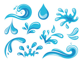 Obraz premium Water design element, drop and splash vector icons set, featuring minimalistic liquid, splash, and droplet illustrations ideal for web design