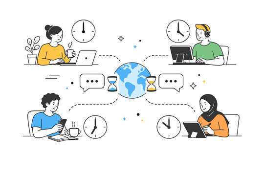 Working across time zones. Multiple simplified characters in separate spaces connected by delayed message icons and clocks. Calm global collaboration with