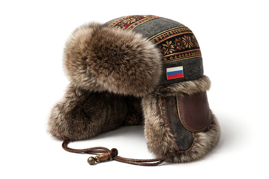 Russia ushanka fur hat as symbol of Russia.Copy space. White basckground.