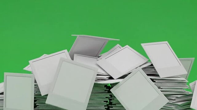 A large pile of blank white cards is stacked high against a vibrant green background