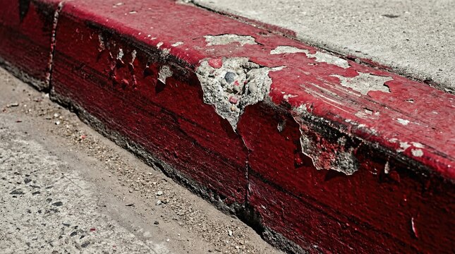 Red painted curb with peeling paint and concrete showing, indicating a no parking zone or fire lane requirement on street infrastructure