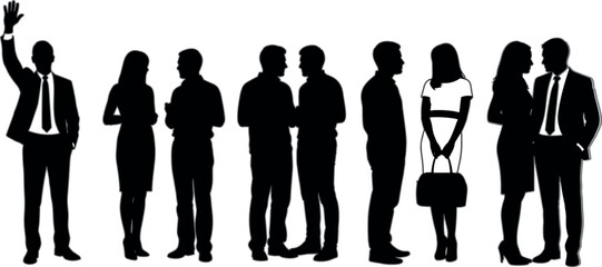 Business people silhouettes collection vector illustration featuring corporate men and women standing, talking and greeting isolated black office worker se © msttaniyaakter