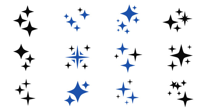 Collection of black and blue star sparkle icons set, isolated white background.