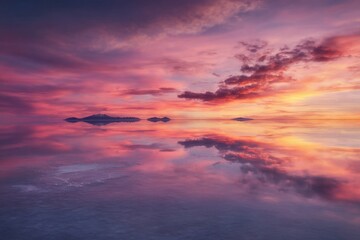 Fototapeta premium Cinematic Slow-Motion Shot of Salar de Uyuni Flooded Salt Flats at Fiery Sunset, Mirror-Like Water Reflection, Dramatic Gradient Sky, Moody 8K Scene, Elegant Subtle Tech, Left Copy Space