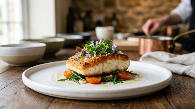 Pan seared monkfish fillet with microgreens and cherry tomatoes