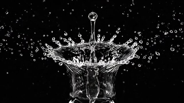 A single water droplet creates a beautiful splash pattern against a dark background