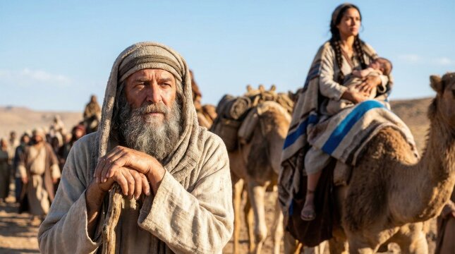 Elderly man with beard and woman holding baby traveling with camel through desert. Biblical family migrating during ancient times. Religious scene representing exodus and nomadic lifestyle.