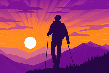 man hiking up a mountain path towards the sun. purple and white background.