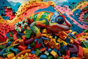 Colorful building block chameleon character in vibrant toy brick world playful fantasy scene with bright patterns