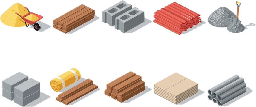 Construction materials collection vector illustration featuring bricks, cement blocks, wood planks, pipes and building supplies in isometric style