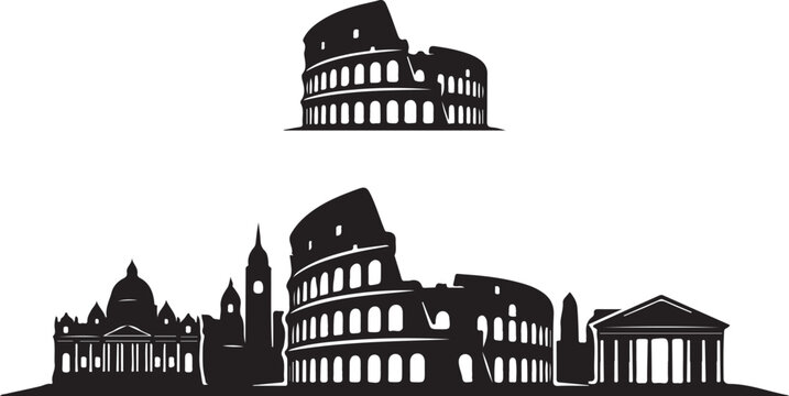 Roman monuments silhouettes with Colosseum and Pantheon on transparent background illustration