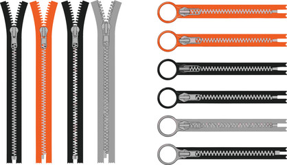 Zipper Collection Set with Open and Closed Clothing Zippers Metal Pull Rings Fashion Garment Sewing Tailor Accessories Flat Vector Illustration © Mdsabbir