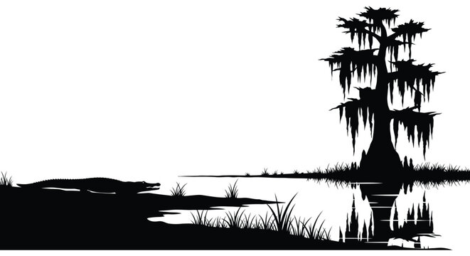 A silhouetted scene depicting a swamp with a cypress tree and an alligator high quality professional
