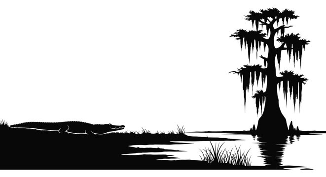 A striking black and white silhouette of a cypress tree and an alligator in a swamp high quality