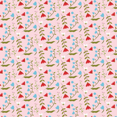 Colorful floral pattern with pastel flowers on soft pink background