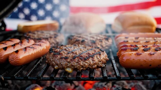 Burgers and hot dogs grilling outdoors with american flag background