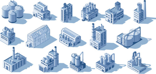 Industrial factory buildings collection vector illustration featuring manufacturing plants, warehouses, refineries and storage tanks in isometric style isolated set © msttaniyaakter