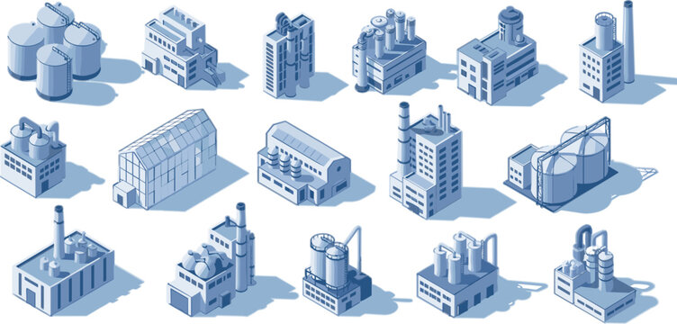 Industrial factory buildings collection vector illustration featuring manufacturing plants, warehouses, refineries and storage tanks in isometric style isolated set