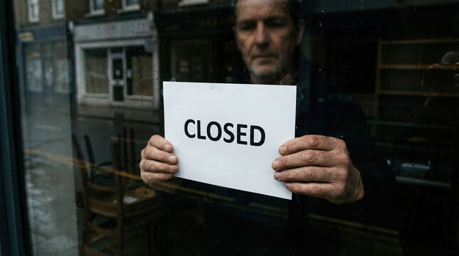 Somber business owner holding closed sign in shop window. sad, bankrupt man showing message about his failed small business, showing disappointment and economic crisis