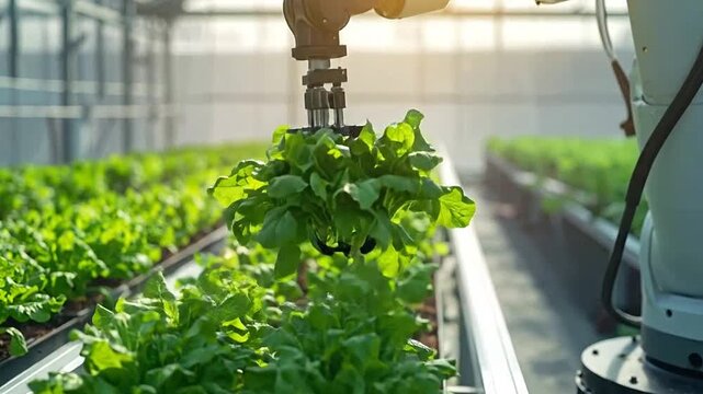 Automated robotic arm tending to rows of green plants inside a modern greenhouse